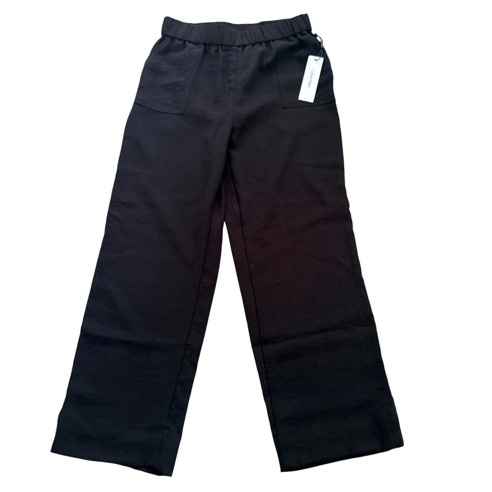 Calvin Klein Wide Leg Pants Womens Medium Black Elastic Waist Pockets NWT